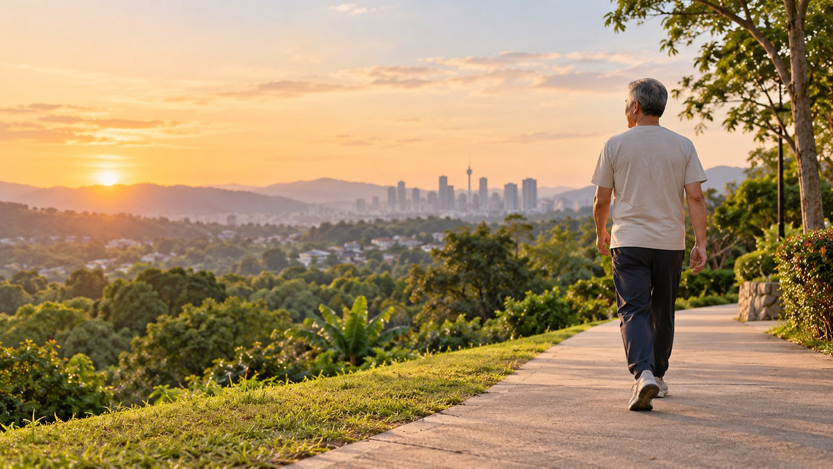 Walking outdoors on a hillside trail at sunset