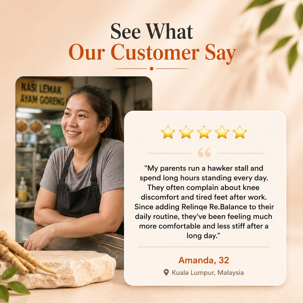 Review card: Amanda, 32, Kuala Lumpur — five stars. Her parents run a hawker stall and stand for long hours; since adding re.balance to their daily routine they have been more comfortable and less stiff.
