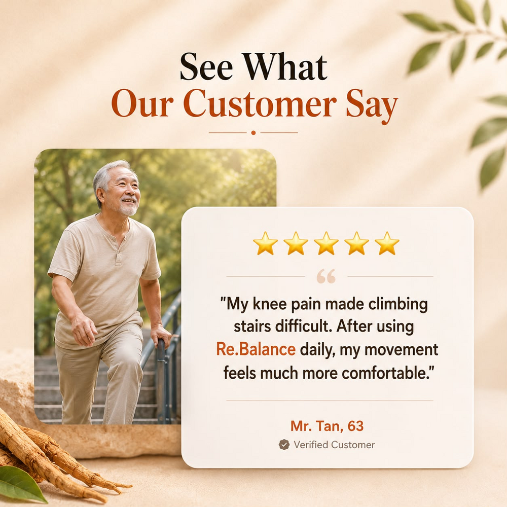 Review card: Mr. Tan, 63 — five stars. Knee pain made climbing stairs difficult; after using re.balance daily his movement feels much more comfortable.